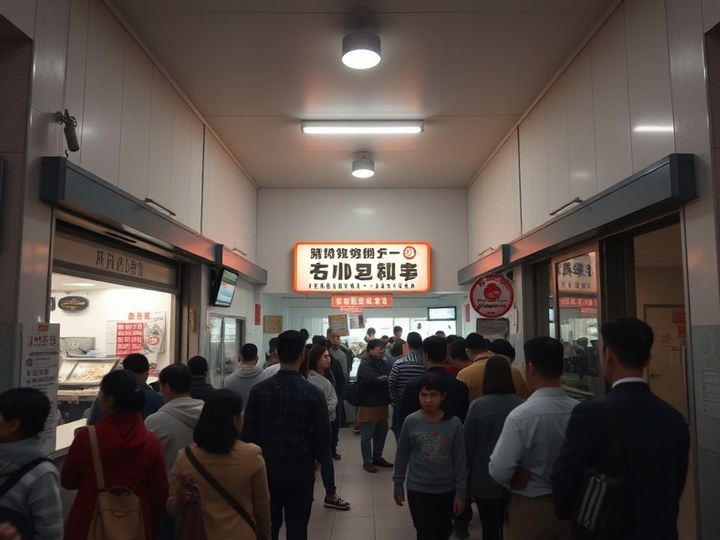 導入前 — すべての手続きが一つの列に並び、入口付近に待ち列が集中しています。
