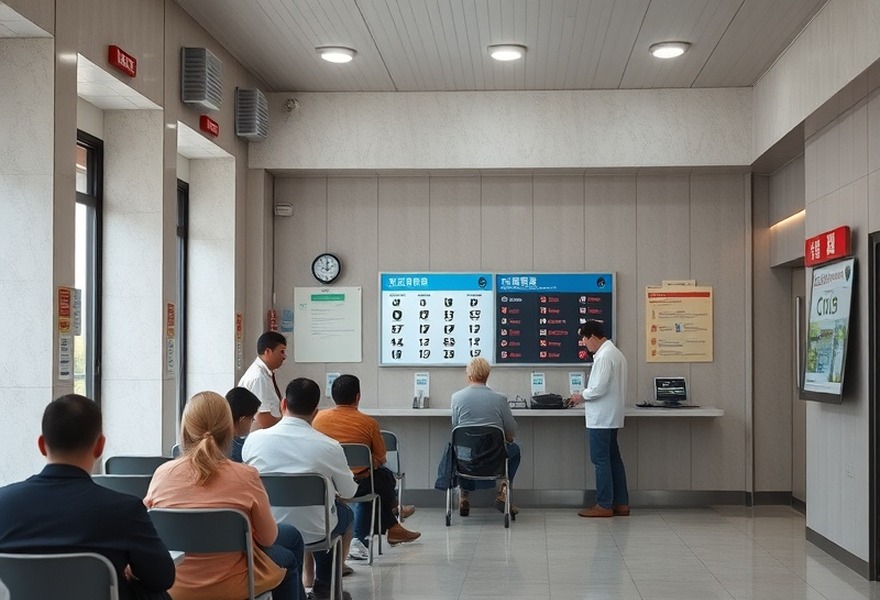 導入後 — 手続きの種類ごとに受付番号を分け、待合スペースが整理されています。